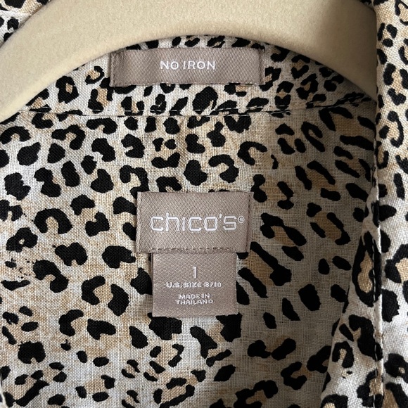 Chico's Black and White Animal Print Sleeveless Linen No Iron Blouse Sz 10 - Picture 3 of 12